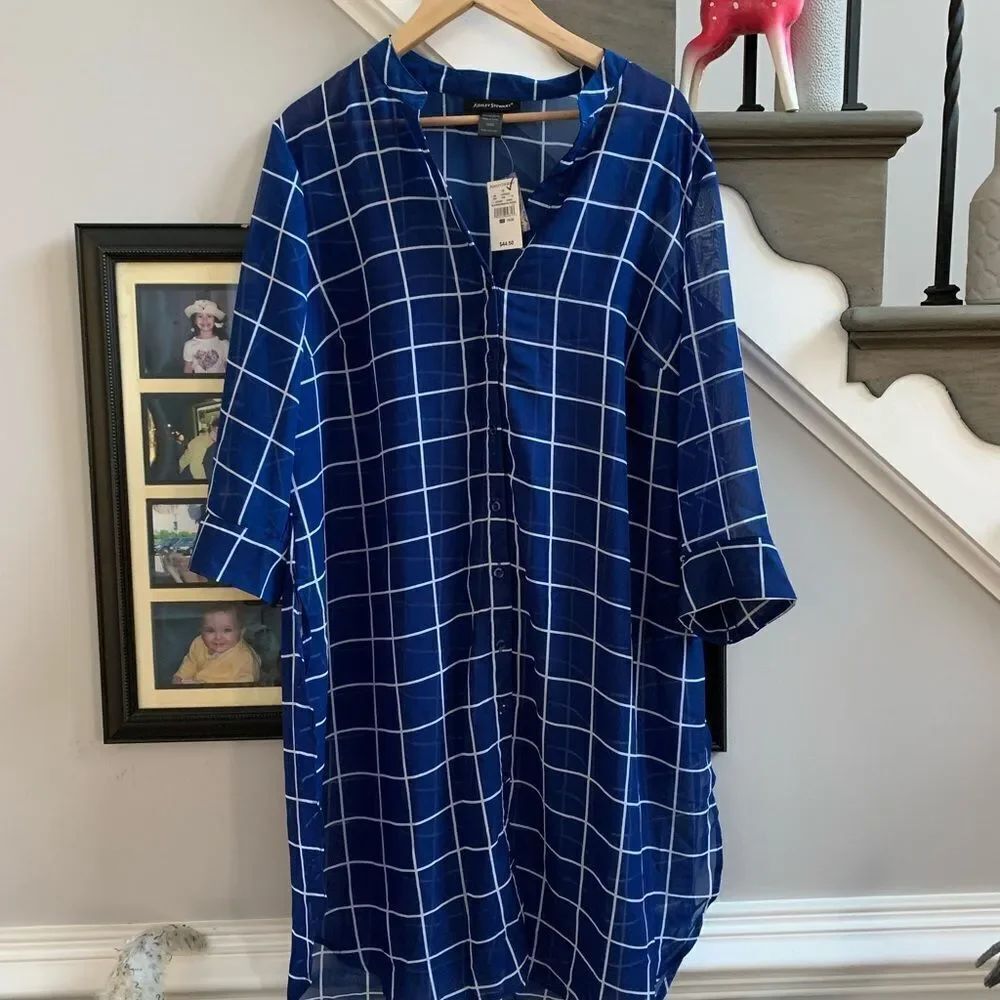 Ashley Stewart Navy Windowpane Long Tunic Blouse sz 18/20 NWT